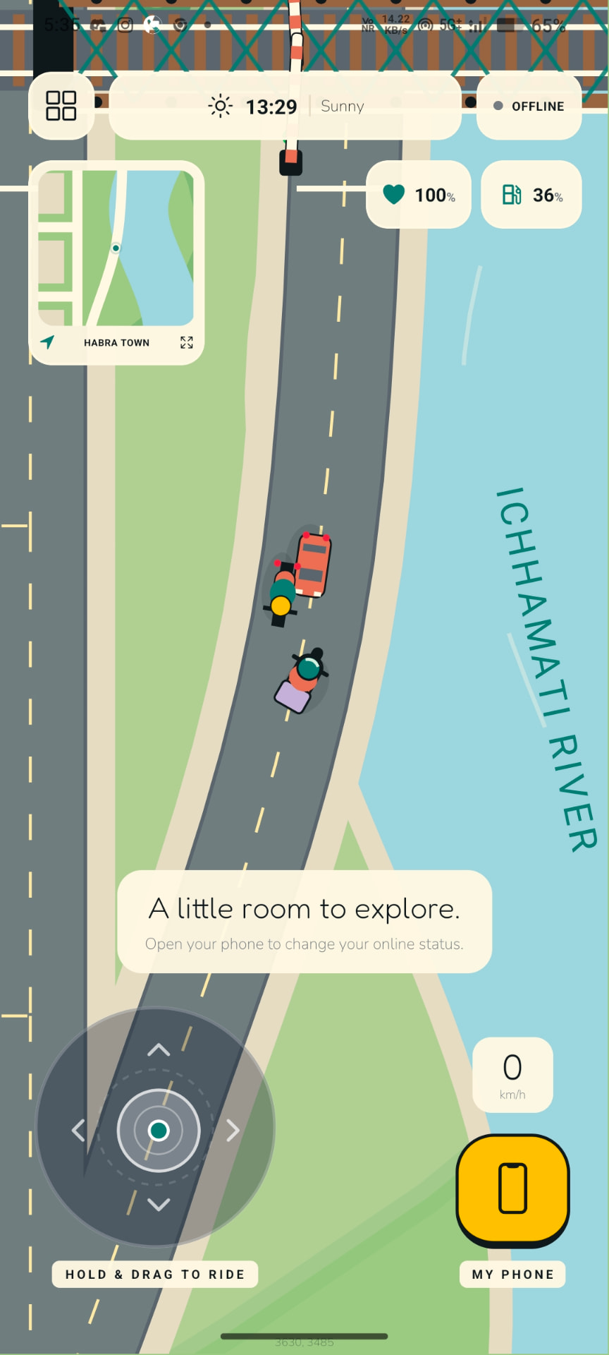 Chill Dash gameplay screenshot showing the ride controls and city river view