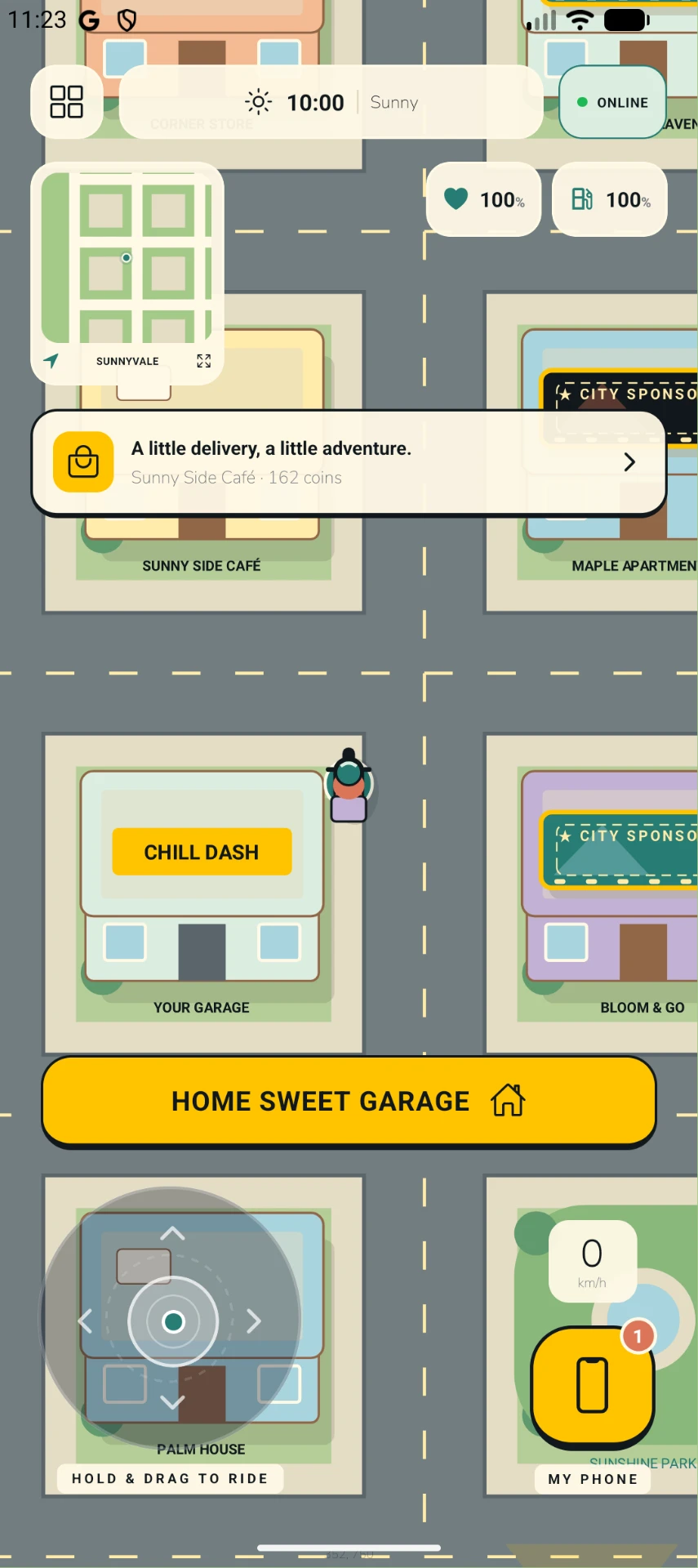 Chill Dash garage scene with the Sunny Side Café in the neighborhood