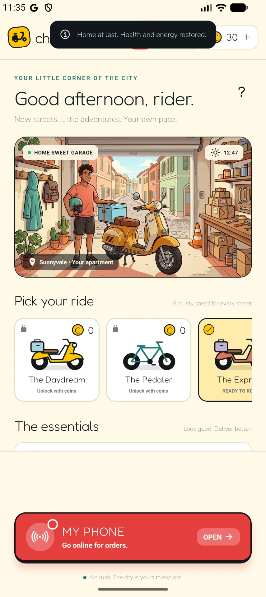 Chill Dash home garage screen with ride selection and scooter options