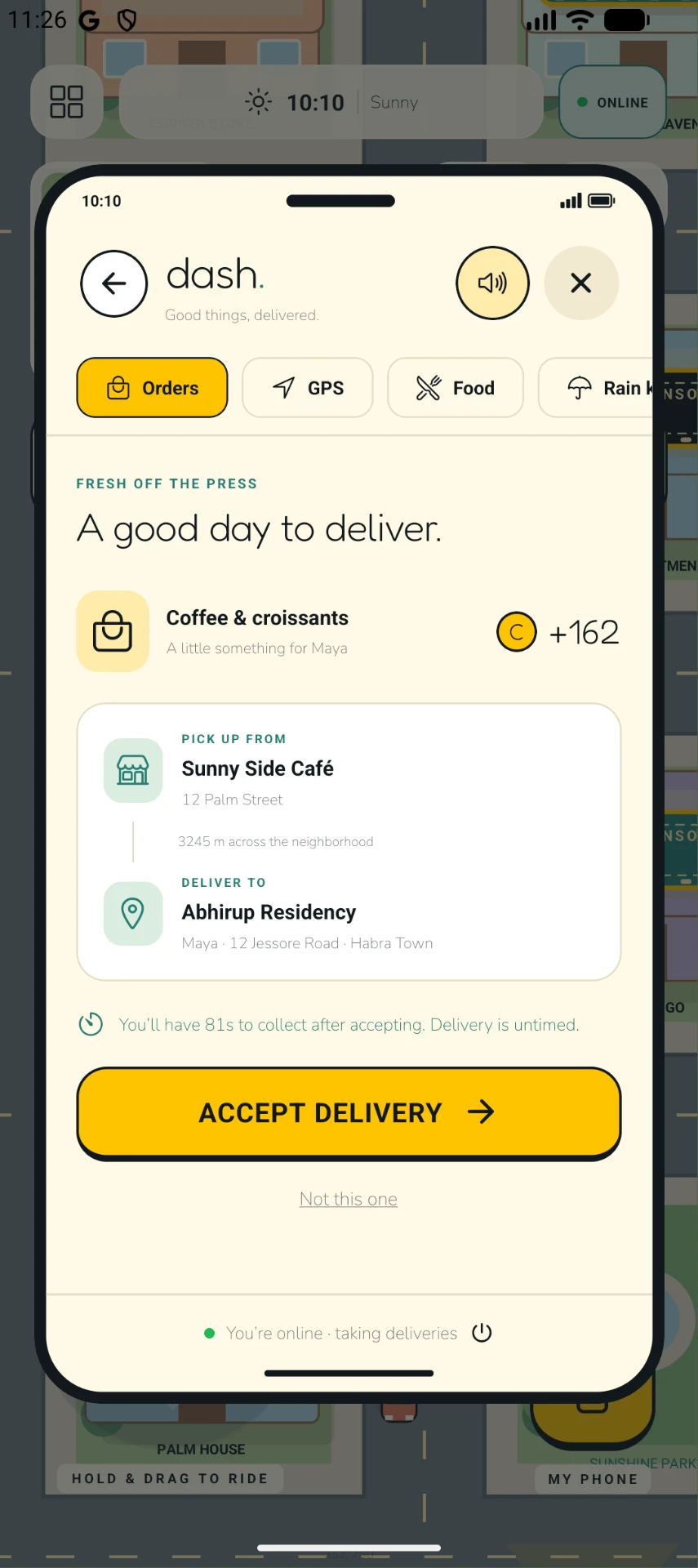 Chill Dash delivery order screen showing a coffee and croissants pickup
